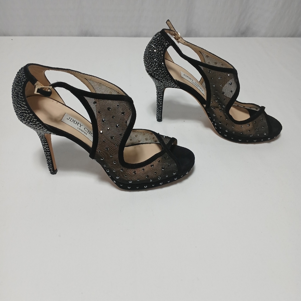Jimmy Choo" Leondra" Black Suede& Semi- Sheer Mesh With Swarovski Crystals. 8.5 - Picture 4 of 16
